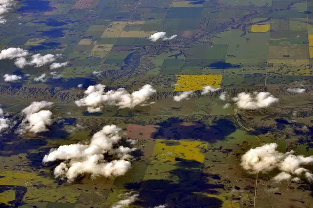 Aerial view of farmland and the Qu'Appelle Valley south of Cupar