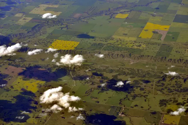Aerial view of farmland and the Qu'Appelle Valley south of Cupar