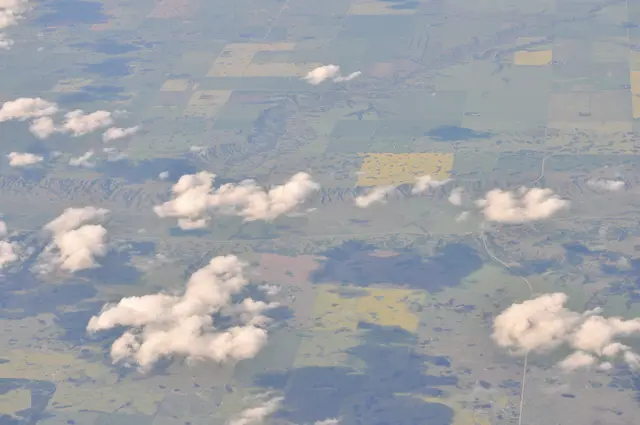 Aerial view of farmland and Highway 640 south of Cupar