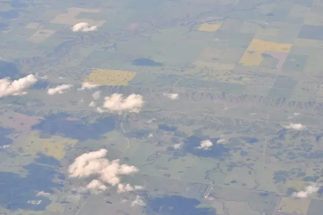 Aerial view of farmland and the Qu'Appelle Valley area south of Cupar